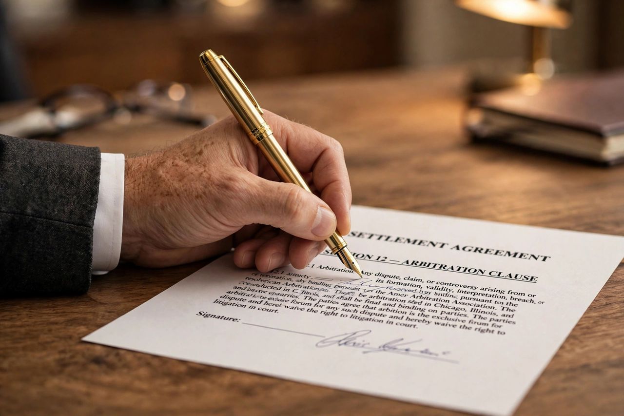 Close-up of a hand signing a contract containing an arbitration clause