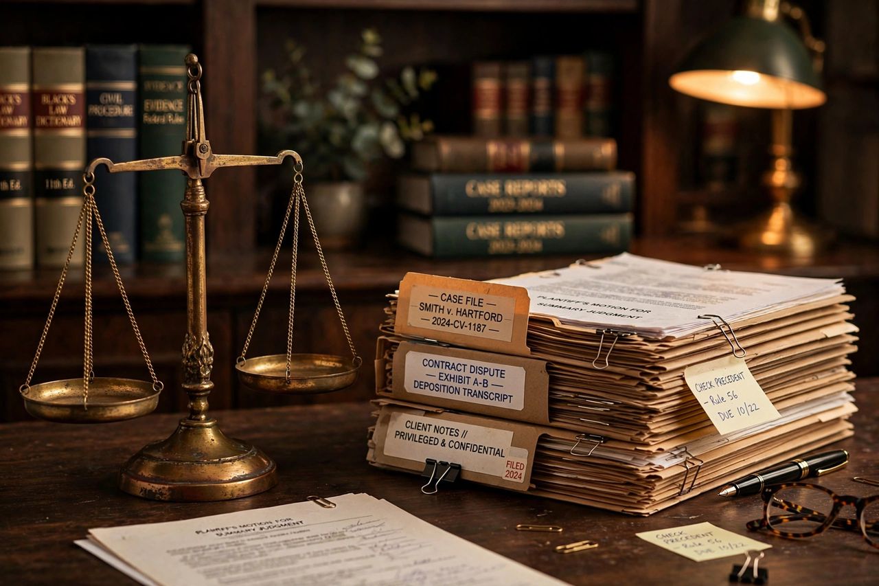 Balance scale beside a stack of legal case files