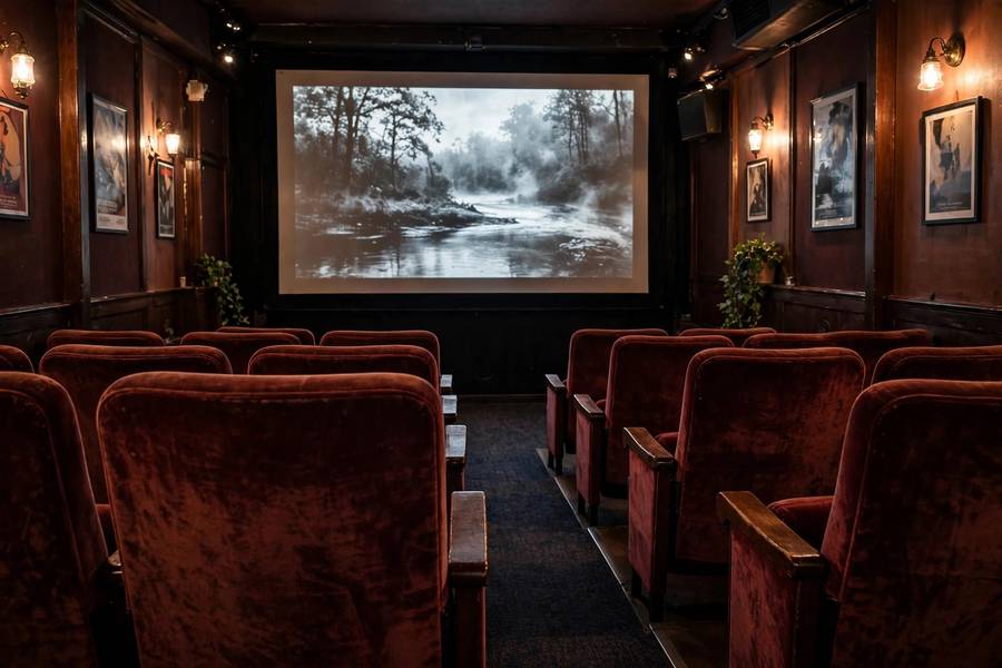A small arthouse cinema with velvet seats showing an art film