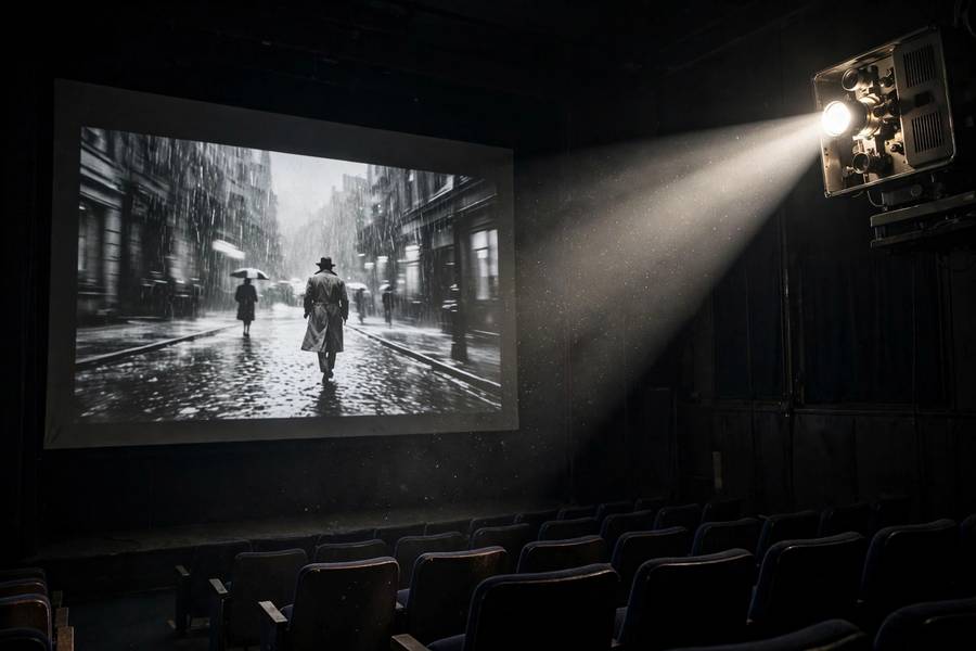 A projector beam showing an artistic black and white film