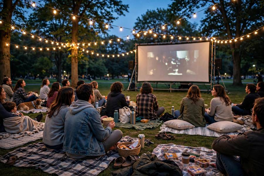 An outdoor film festival screening arthouse films at dusk