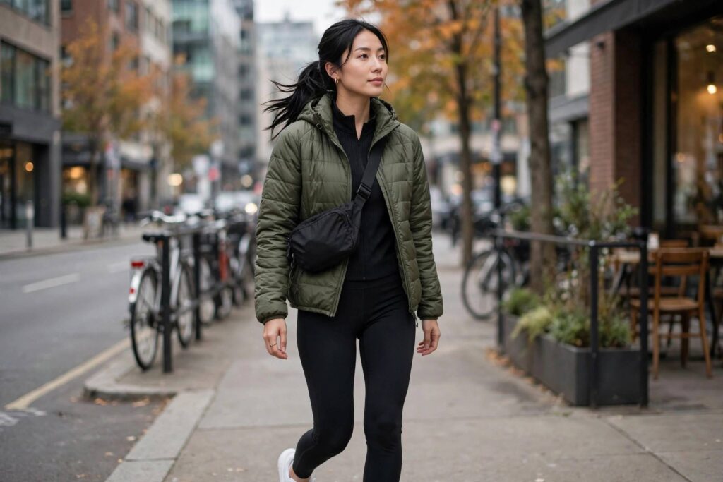 Fashionable woman in athleisure wear walking on a city street