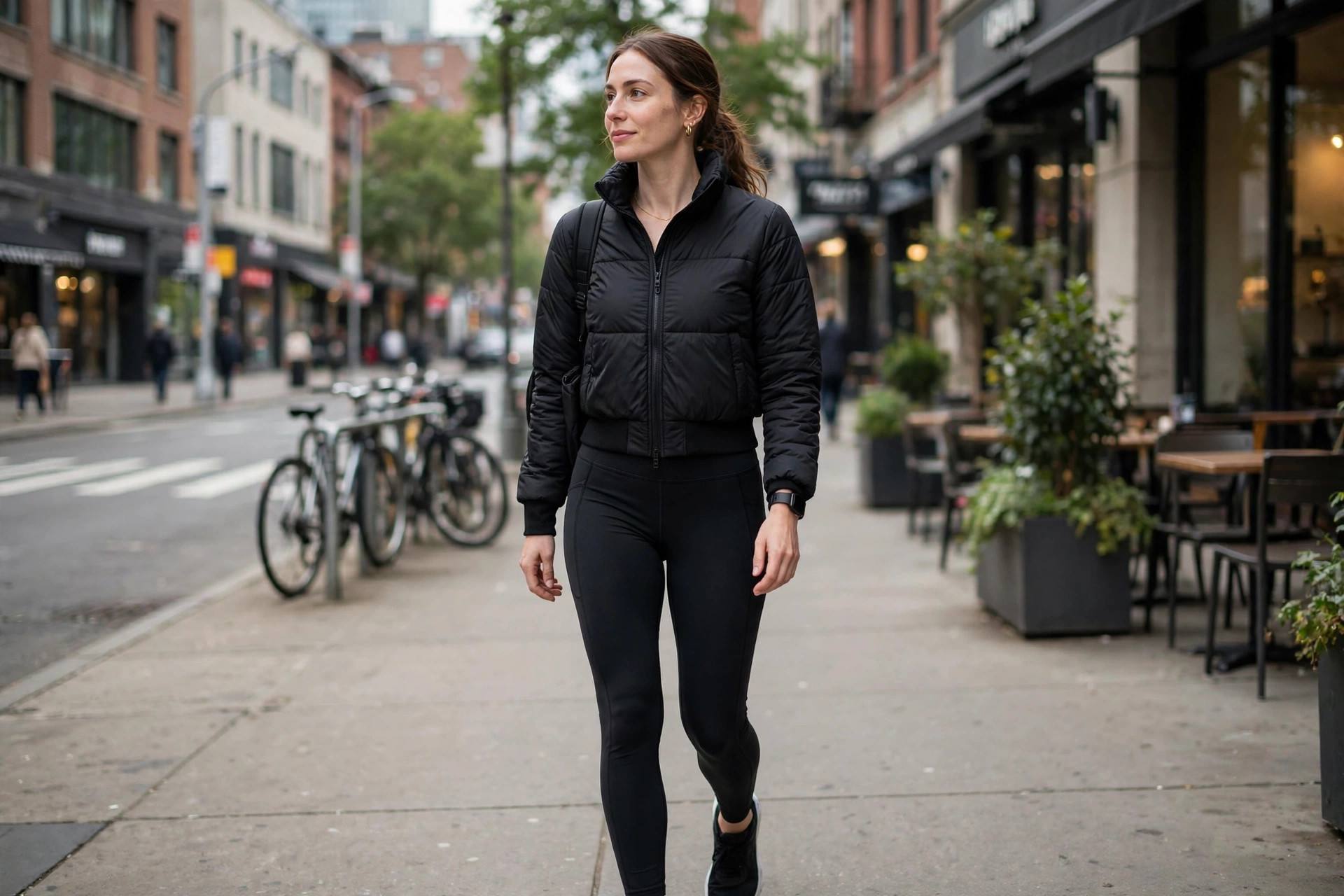 Woman wearing stylish athleisure outfit with leggings and cropped jacket in the city