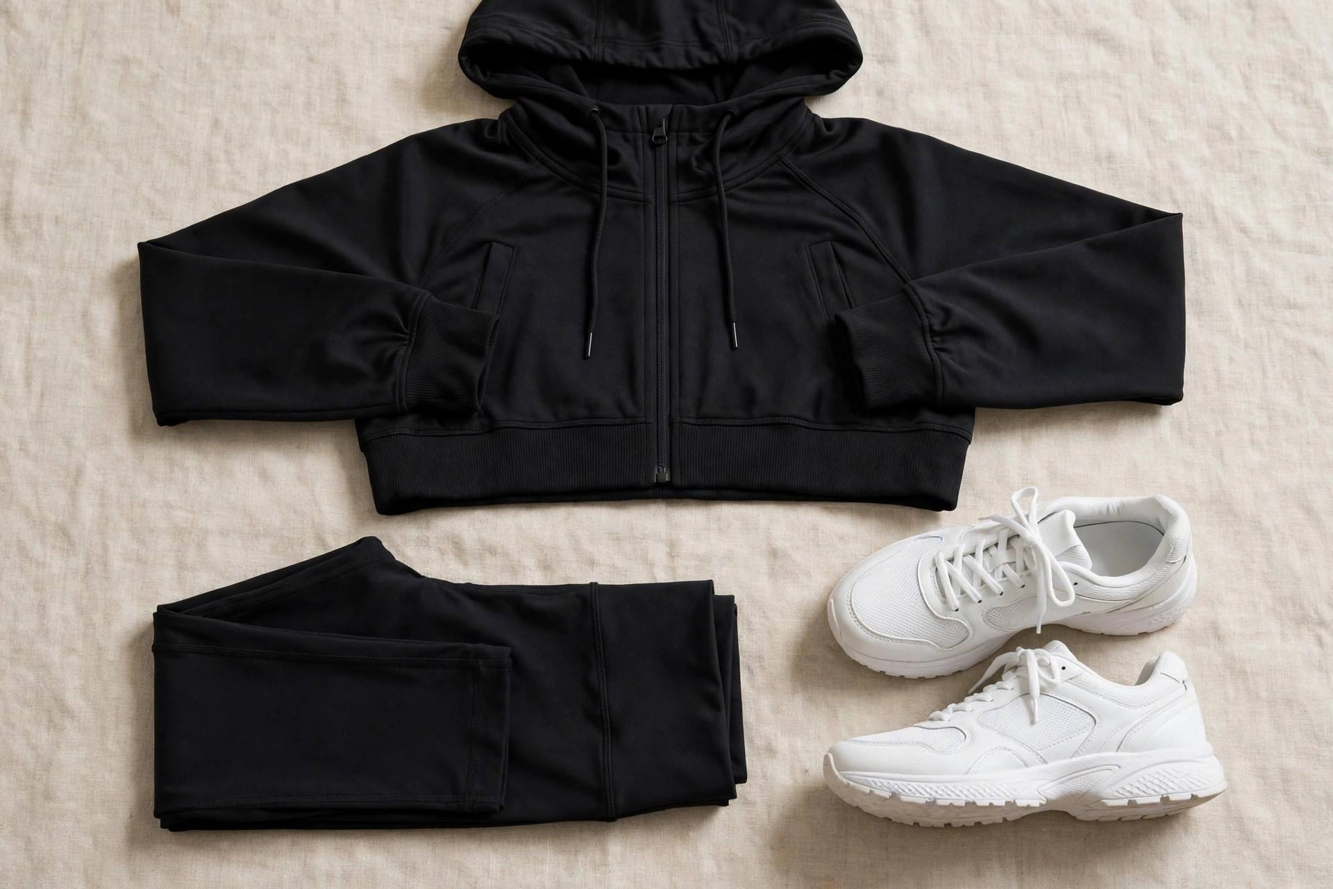 Flat lay of athleisure wardrobe essentials leggings sneakers and jacket