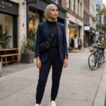 Stylish woman in modest full-coverage athleisure outfit with blazer and white sneakers on a city sidewalk