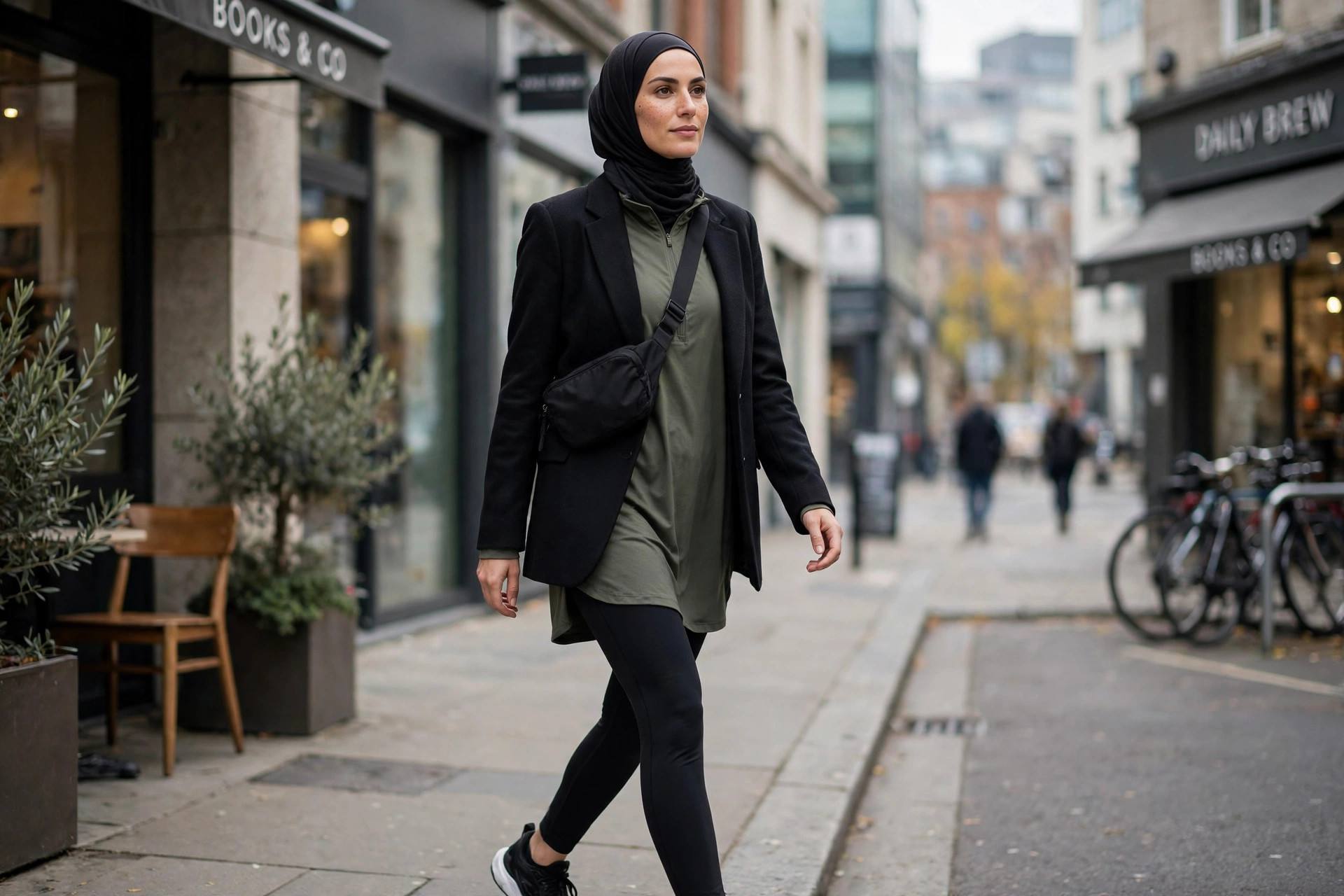 Woman in full-coverage modest athletic wear, black full-length leggings and a long loose athletic top with a structured blazer, walking in a city street