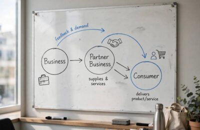 Diagram showing B2B2C three-party business model flow on a whiteboard