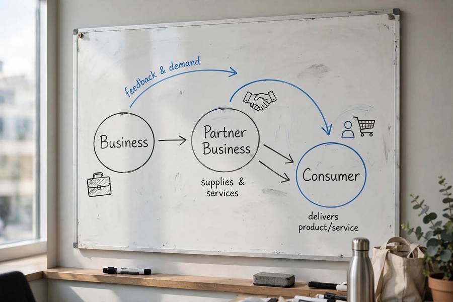 Diagram showing B2B2C three-party business model flow on a whiteboard