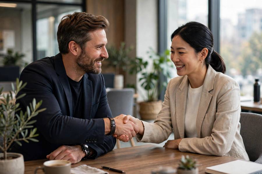Business partners shaking hands in a corporate office meeting