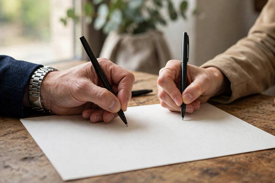 Close-up of a partnership contract being signed between two businesses