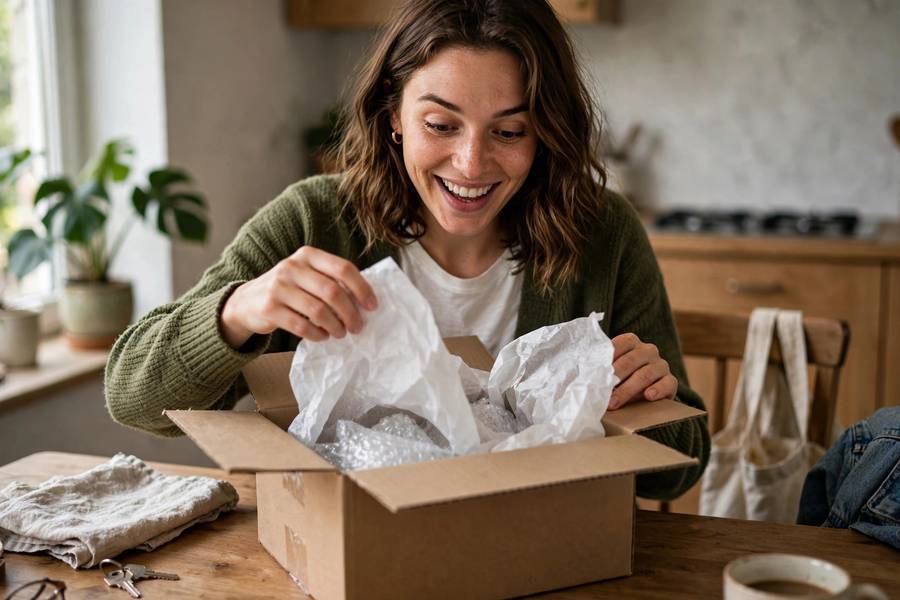 Unboxing a delivery showing what is B2C ecommerce reaching the consumer