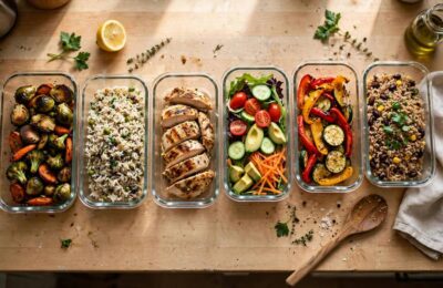 Glass containers of batch-cooked food lined up on a kitchen counter
