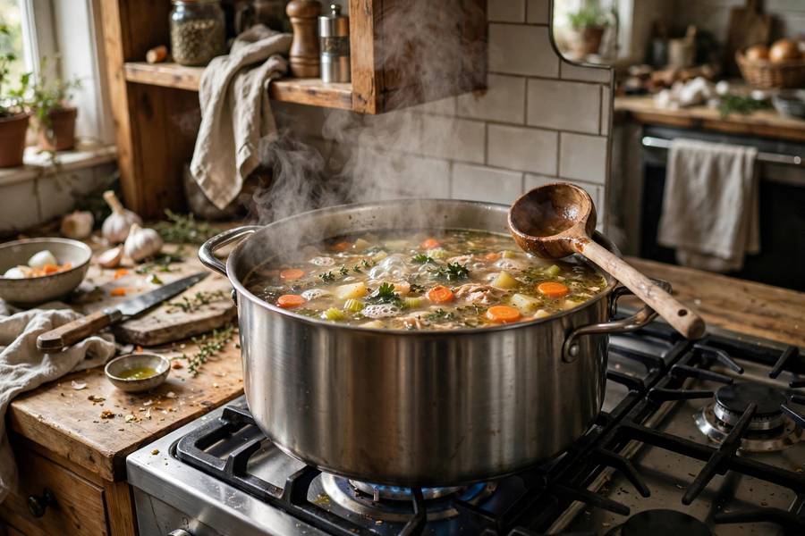 A big pot of soup simmering during a batch cooking session