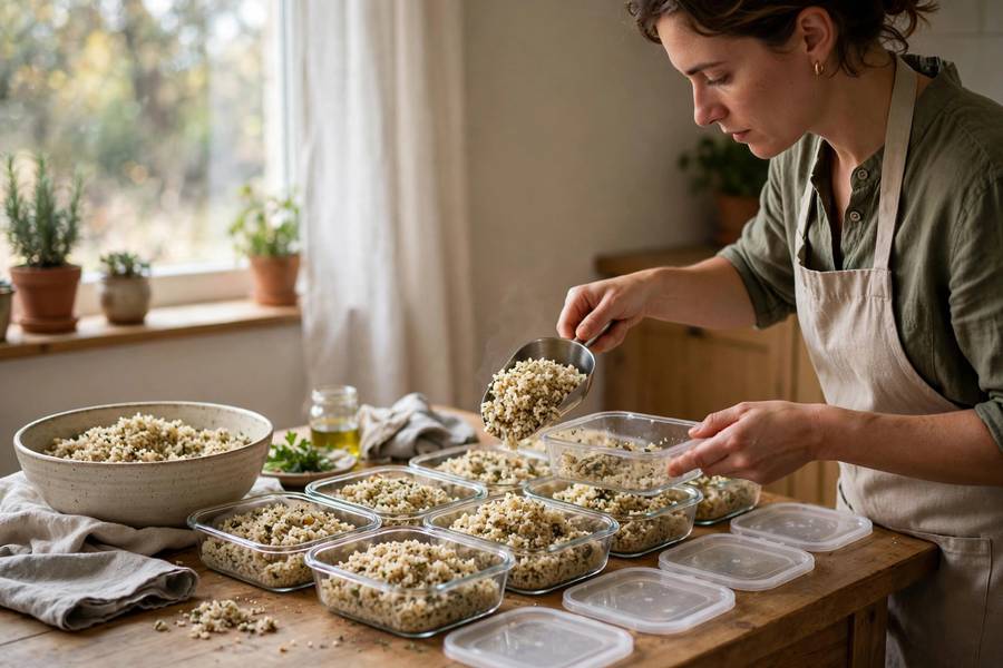 Portioning batch-cooked grains into containers for the week