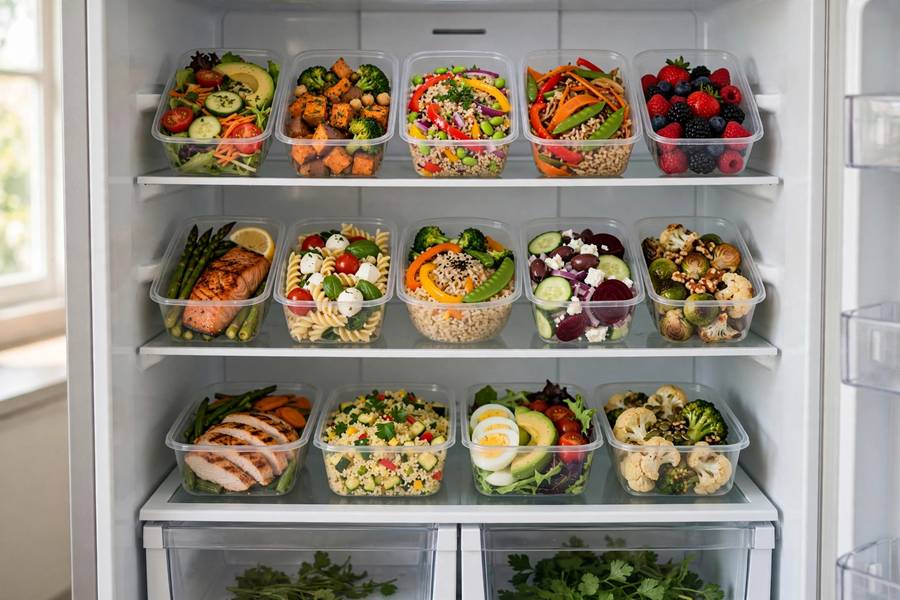 An organized fridge full of batch-cooked meals for the week