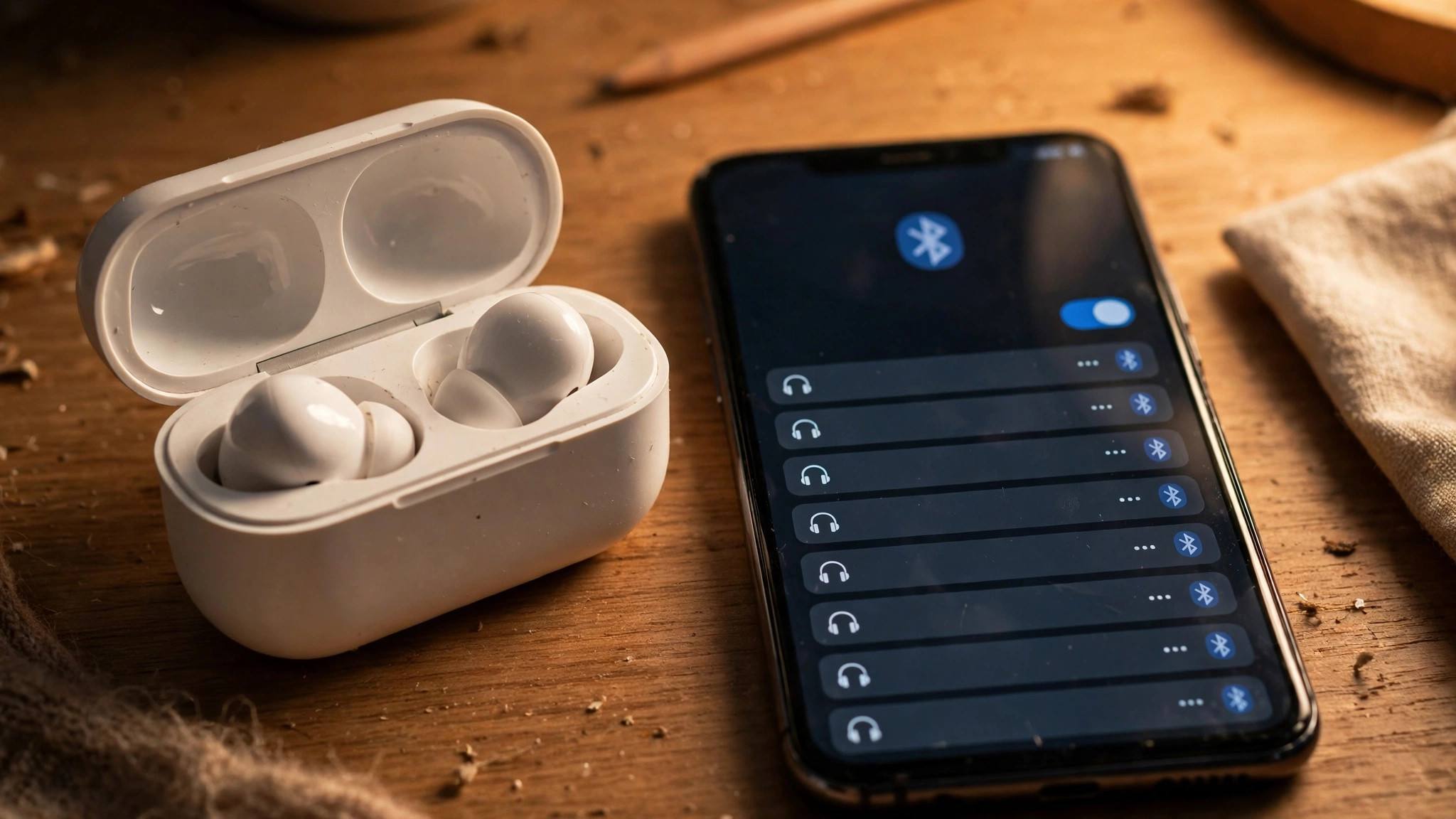 Wireless earbuds case open next to a smartphone showing a Bluetooth connection screen