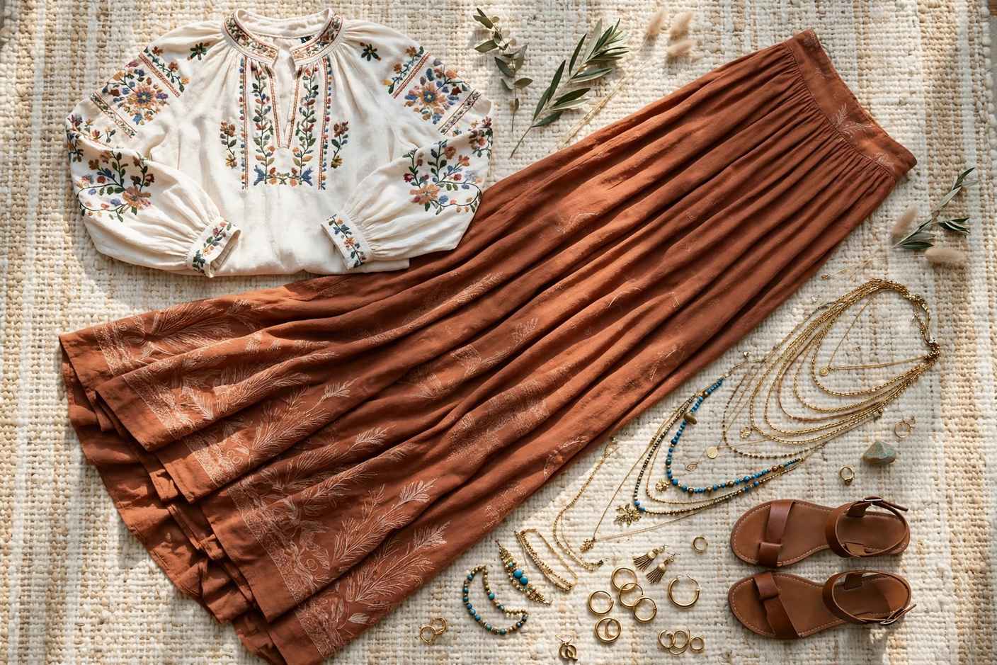 Flat lay of bohemian wardrobe staples: embroidered peasant blouse, flowing maxi skirt, leather sandals and layered jewelry