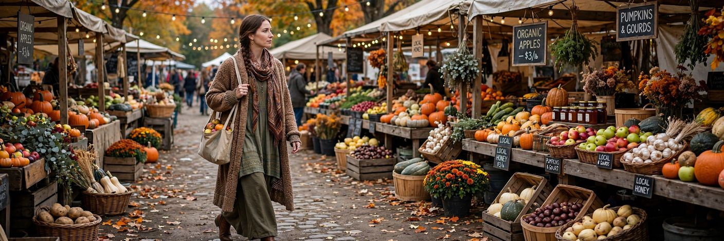 Woman in a layered bohemian outfit with a long cardigan and scarf walking through an autumn market, modest full-coverage clothing