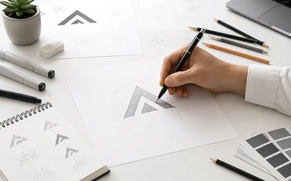 A graphic designer sketching logo concepts on paper