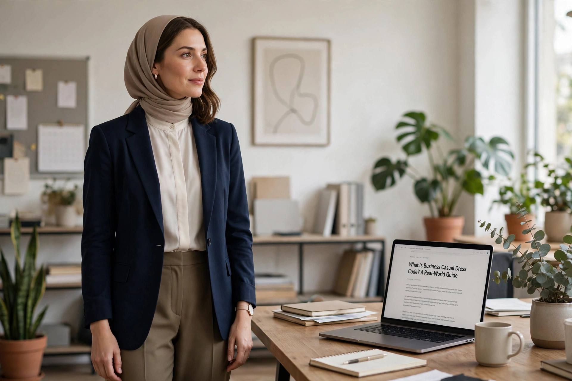 Woman in modest business casual attire with blazer and full-length trousers at office