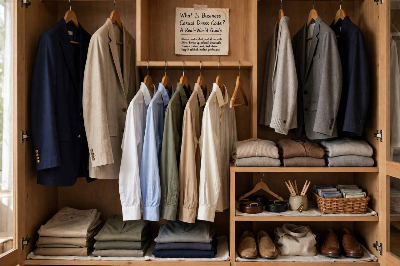 Neatly organized closet with business casual shirts trousers and blazers