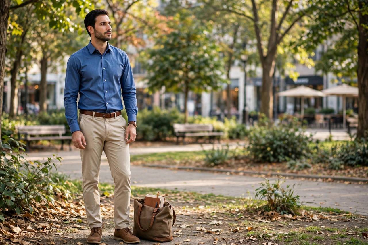 Man in modest business casual outfit with chinos and button down shirt