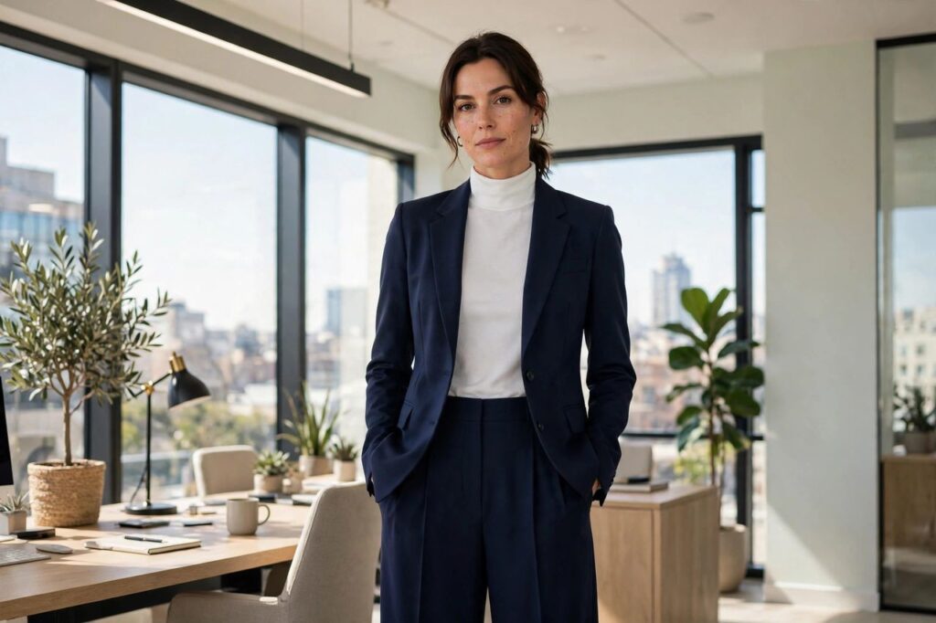 A woman in a tailored blazer and wide-leg trousers standing in a bright modern office space