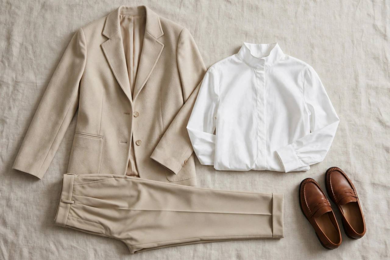 Flat-lay of business casual outfit pieces including a blazer, blouse, trousers, and loafers