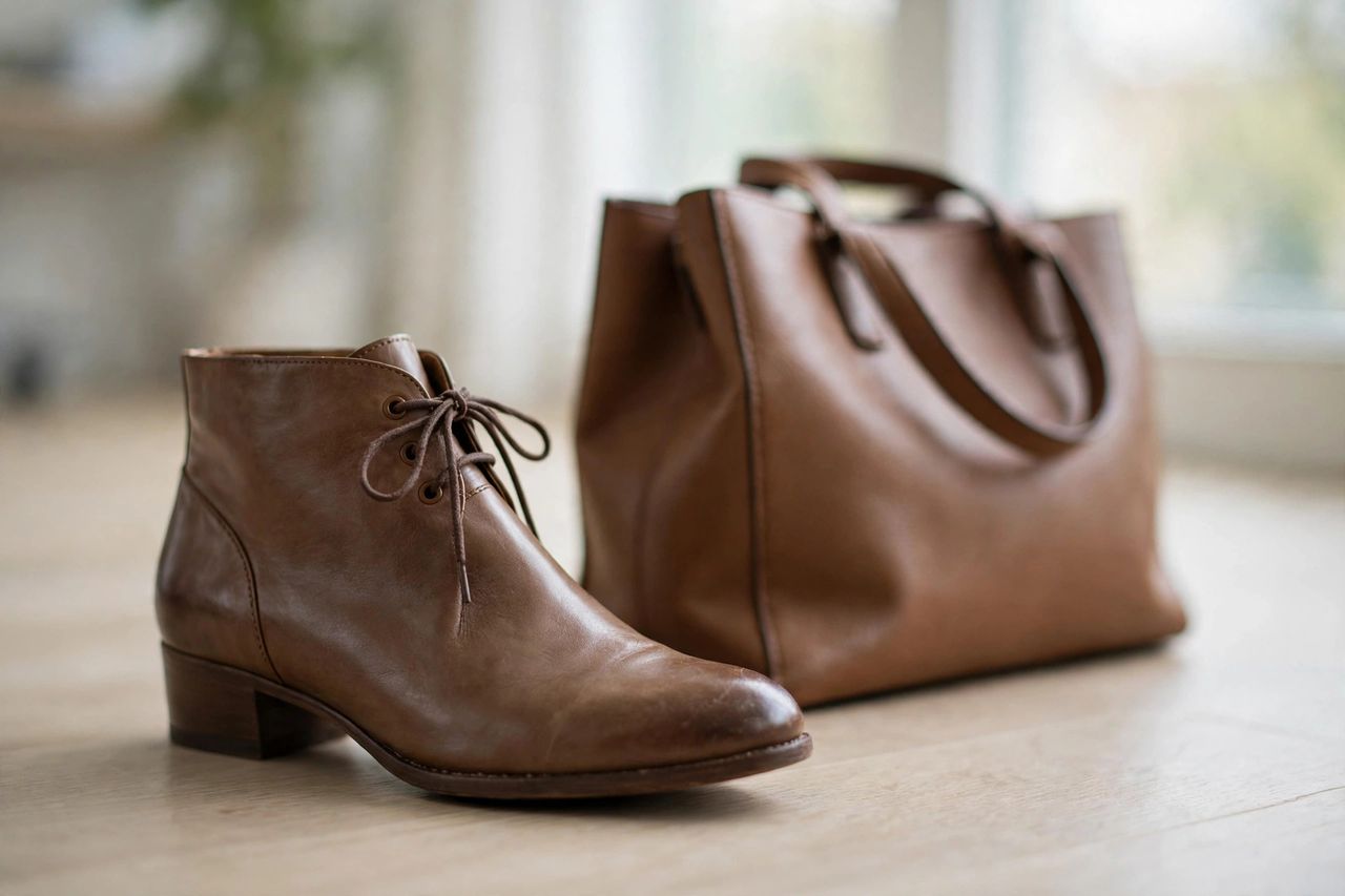 Close-up of polished ankle boots and a structured leather tote bag on an office floor