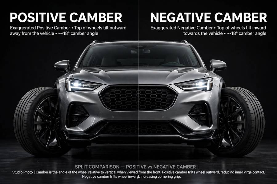Positive vs negative camber angle comparison on car wheels