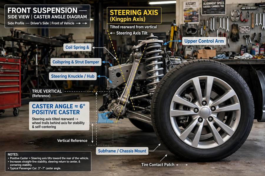 Caster angle shown on a car's front suspension steering axis