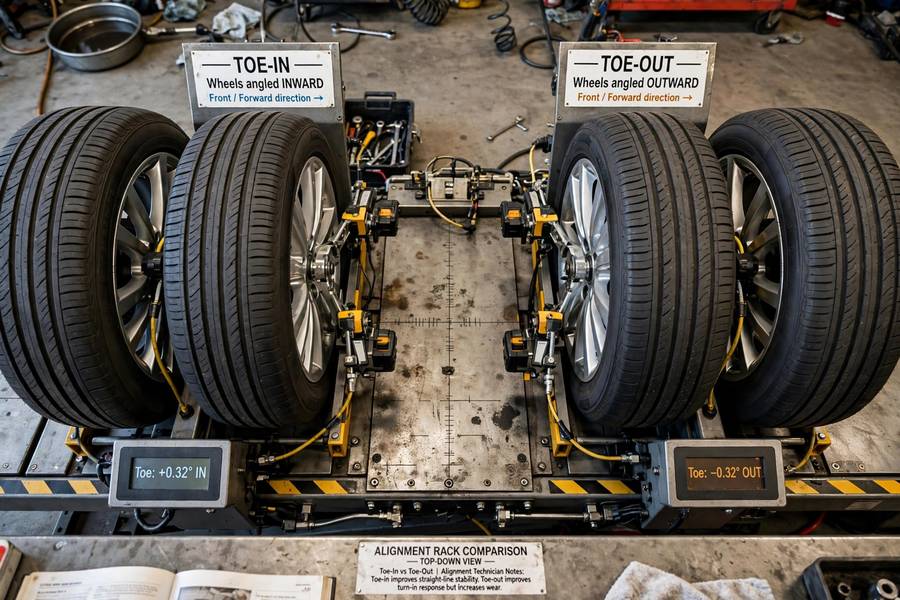 Toe-in vs toe-out alignment comparison viewed from above