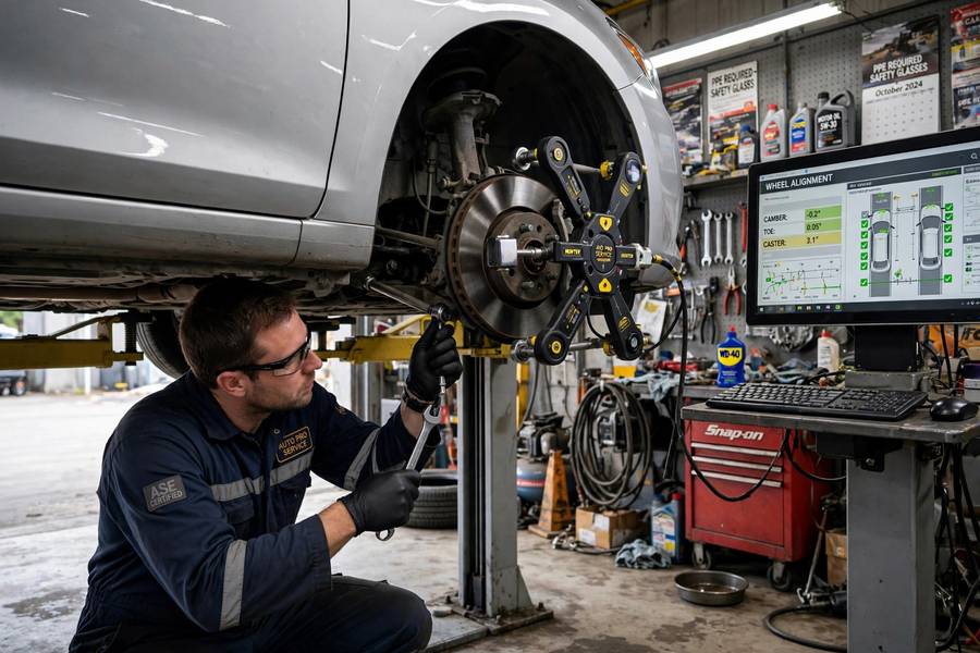 Technician adjusting toe angle via tie rod during wheel alignment