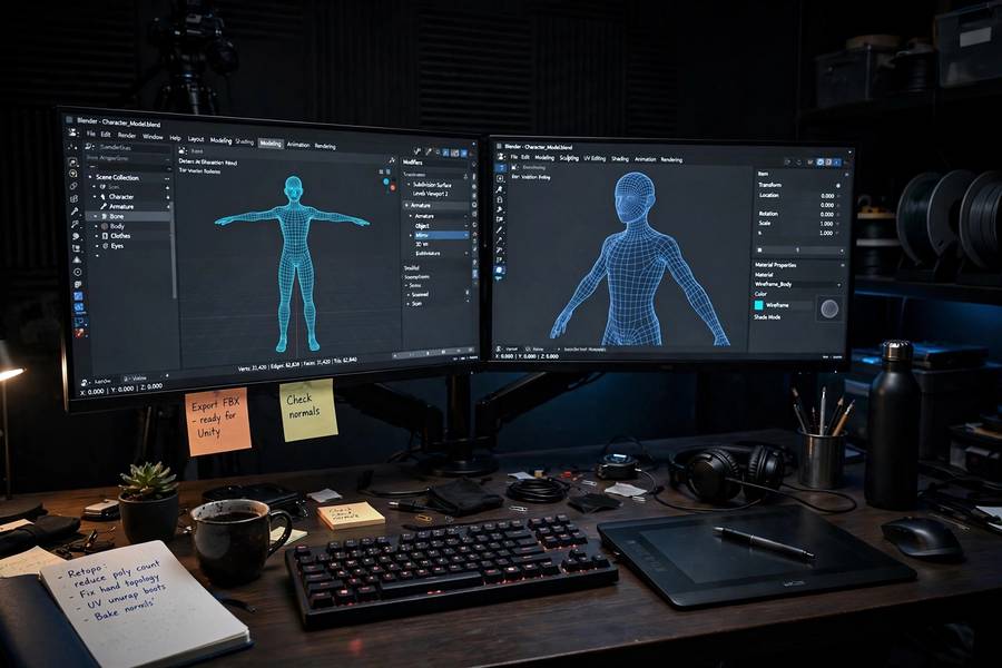A 3D artist creating CGI for movies on a workstation