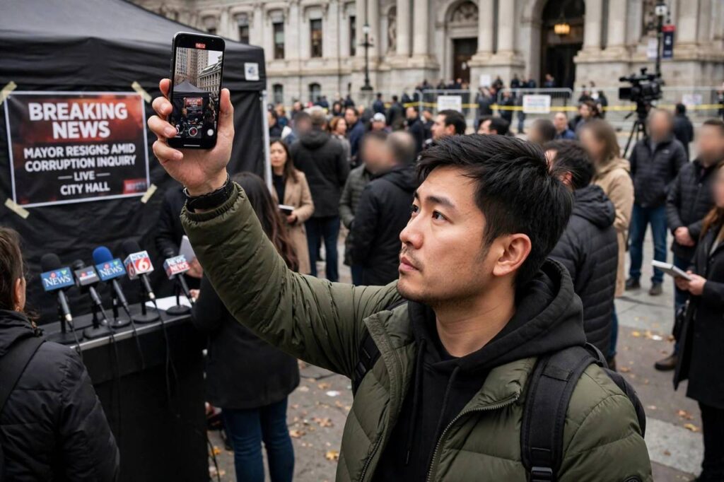 Person holding a smartphone up to record breaking news at a public event