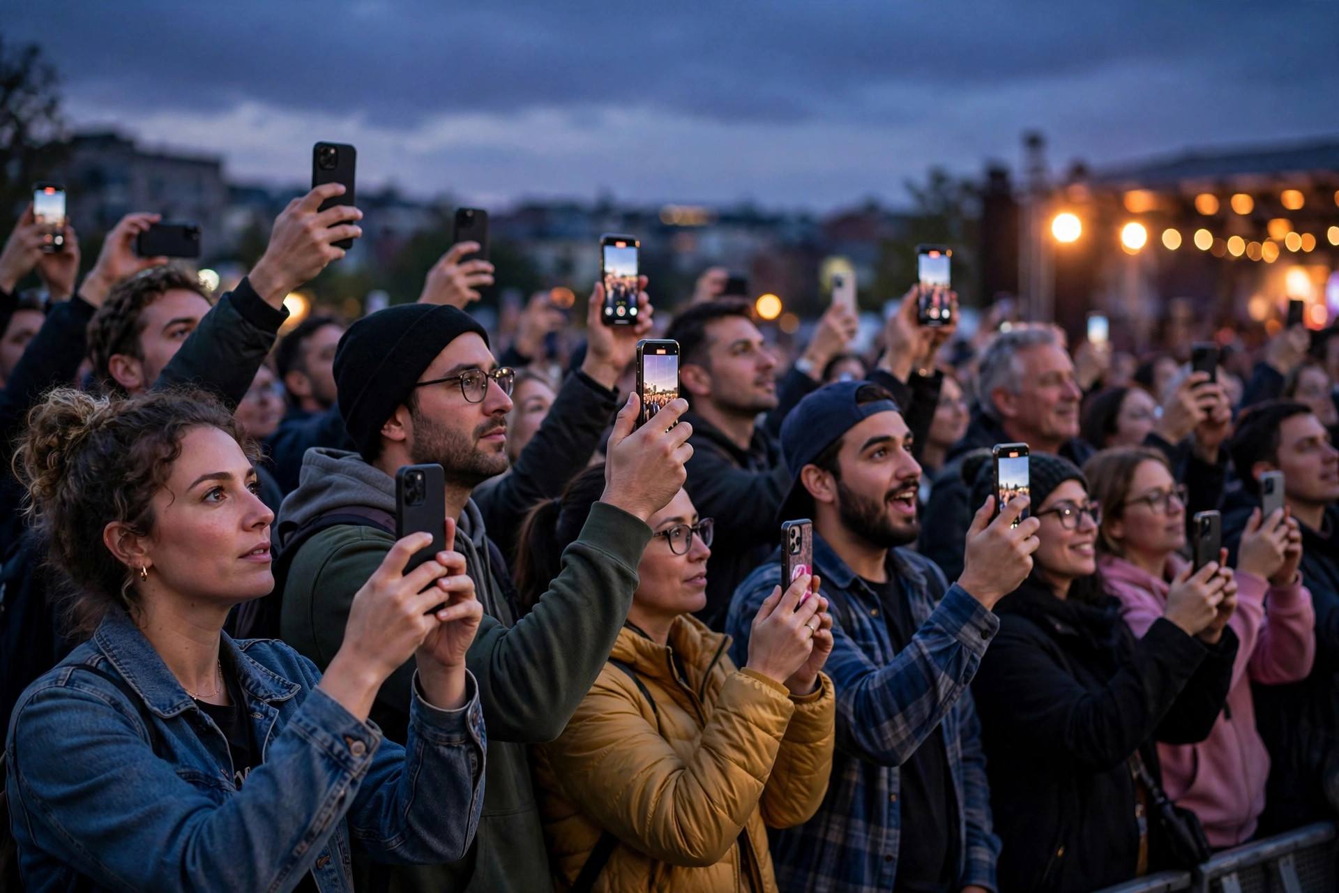 Crowd of people holding up smartphones recording an event at dusk