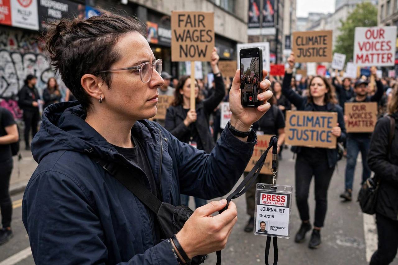 Person filming a street protest with a phone while holding a press badge lanyard