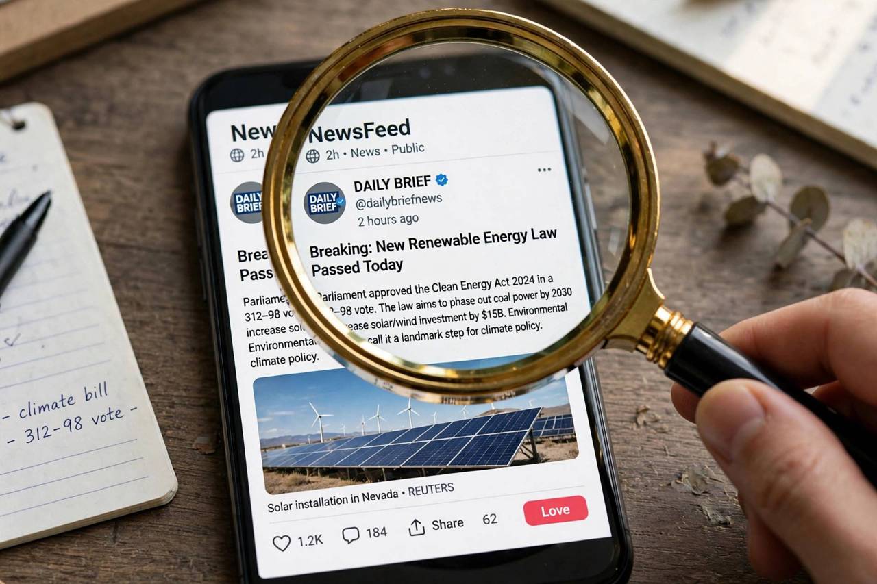 Magnifying glass over a smartphone screen showing a social media news post