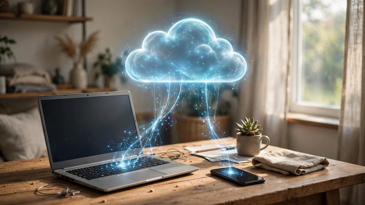 Laptop and phone syncing files to a glowing cloud storage icon