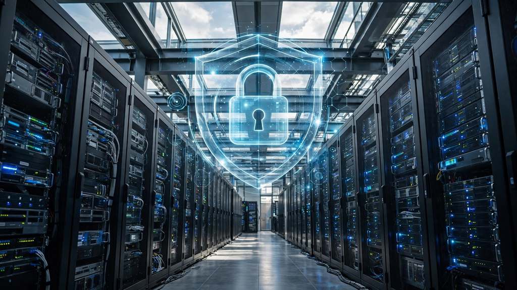 Padlock and shield icons over cloud servers representing encryption and data security