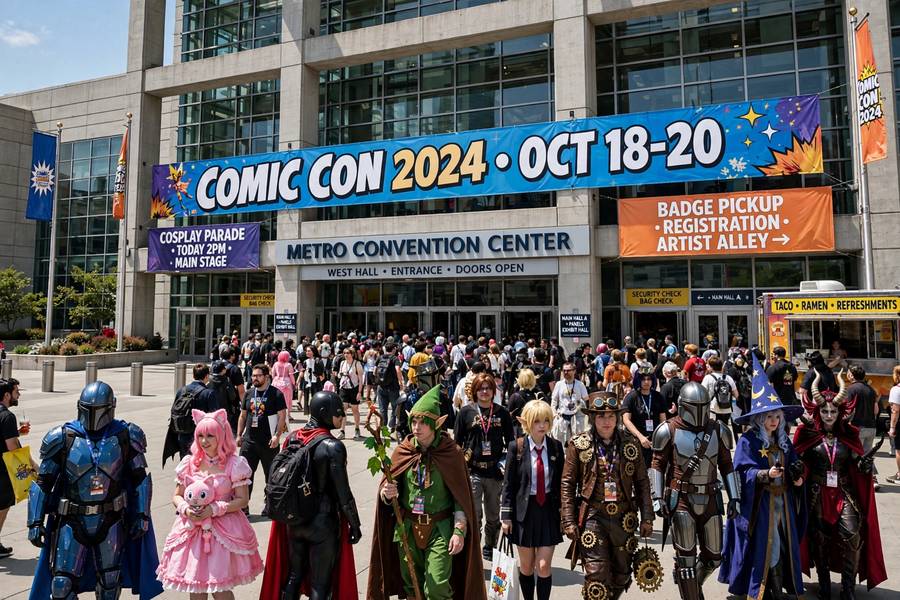 Crowds of fans entering a comic convention center