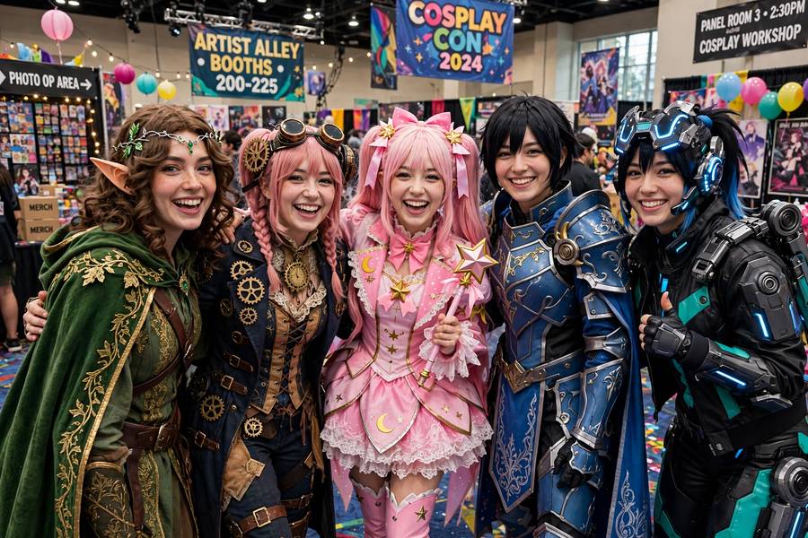 Cosplayers in elaborate costumes at a comic convention