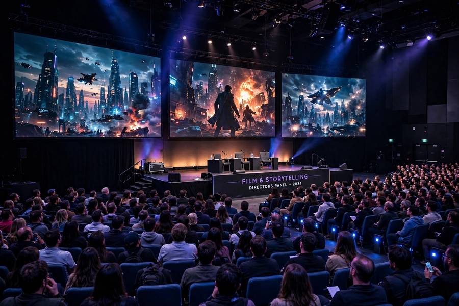 A packed panel hall with movie footage on big screens
