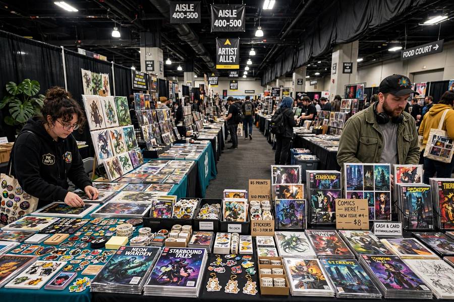 Artist alley with illustrators selling prints at a convention