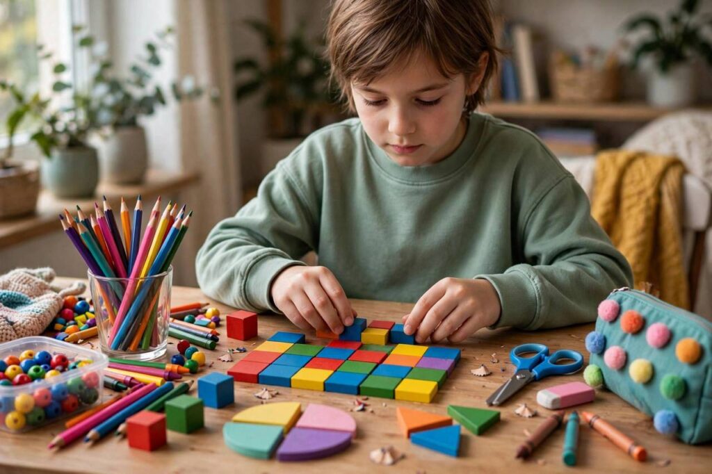 Child learning math at a desk with colorful supplies