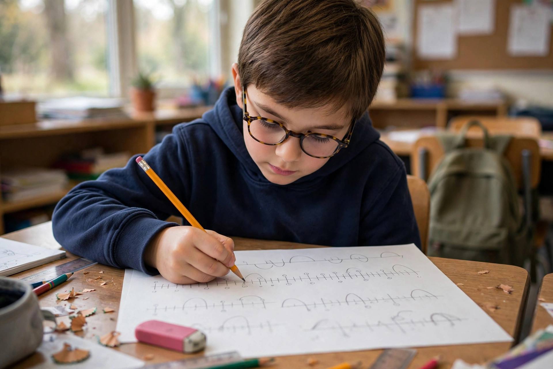 Elementary student working on math homework with number lines