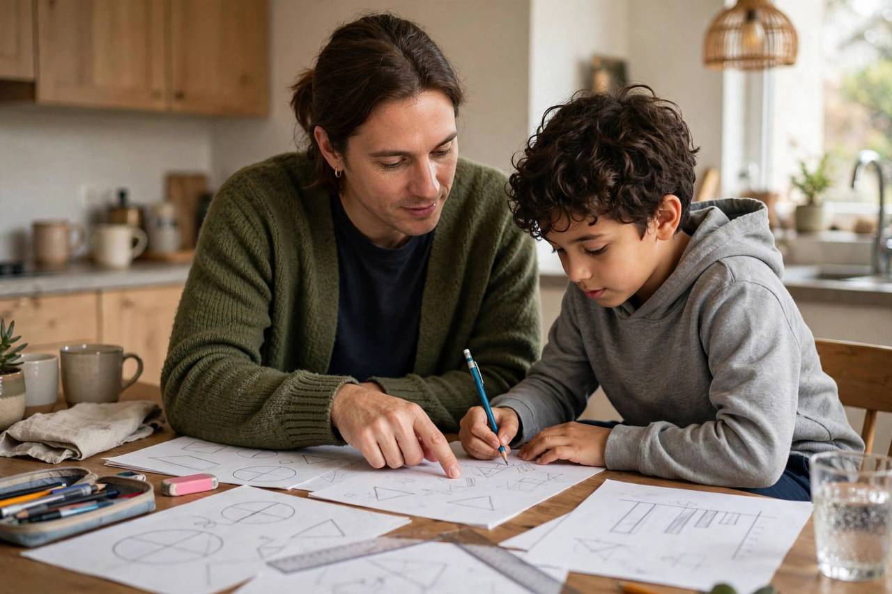 Parent and child doing math homework together at kitchen table