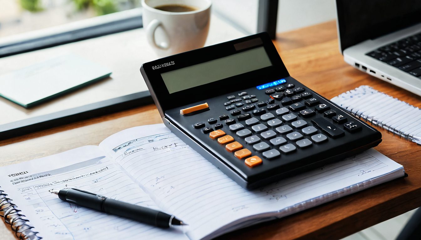 Calculator beside a notebook with handwritten financial calculations