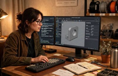 A designer writing code that drives a 3D model, illustrating what computational design looks like in practice
