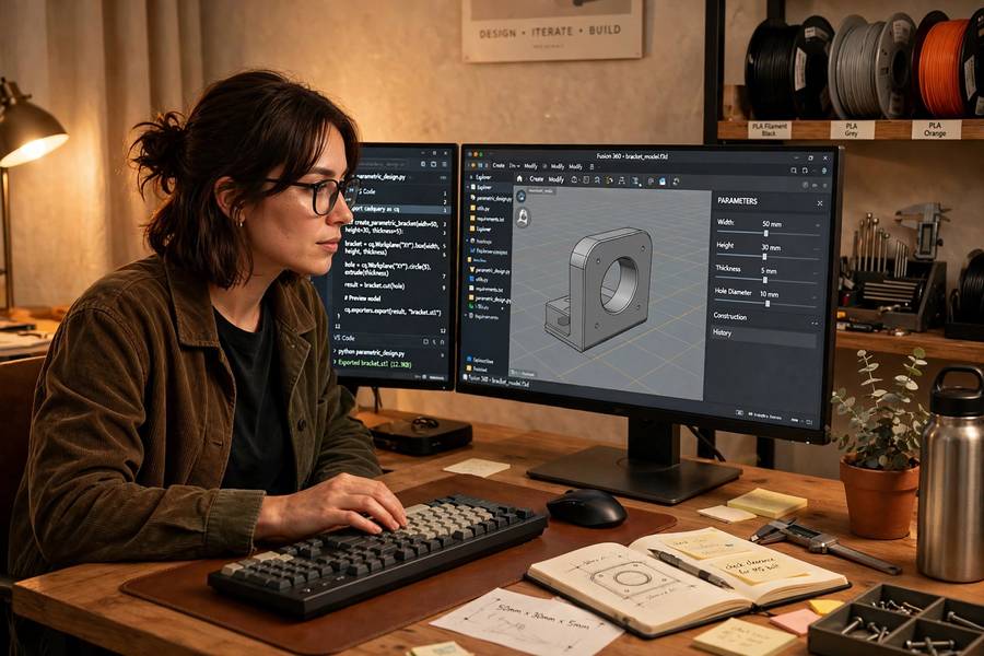 A designer writing code that drives a 3D model, illustrating what computational design looks like in practice